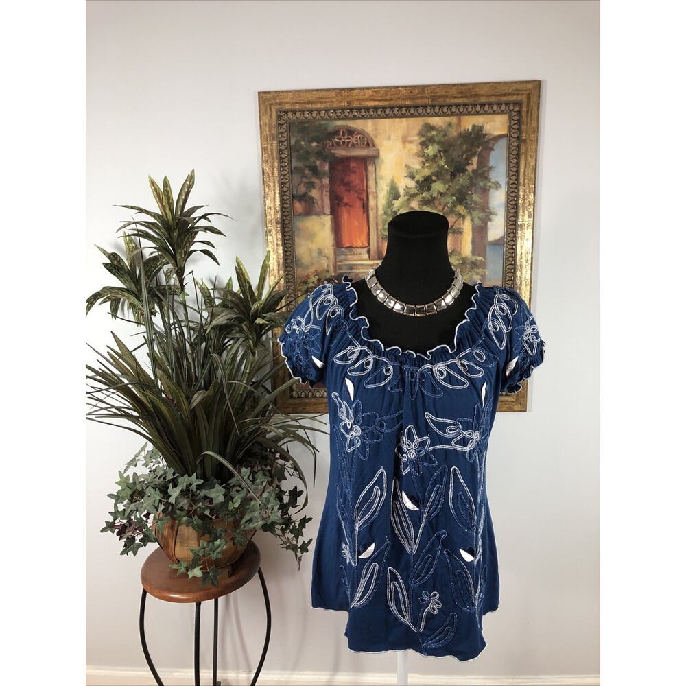Lauren Michelle Women Blue Embroidered Cap Sleeve Top M Pullover Boho Floral